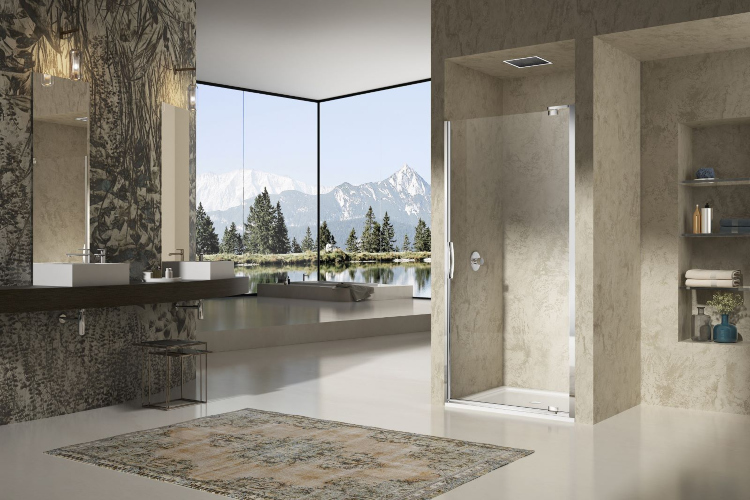 Moderno kupatilo sa ugradnom tuš kabinom u staklu i zidu, kao i velikim staklenim prozorom